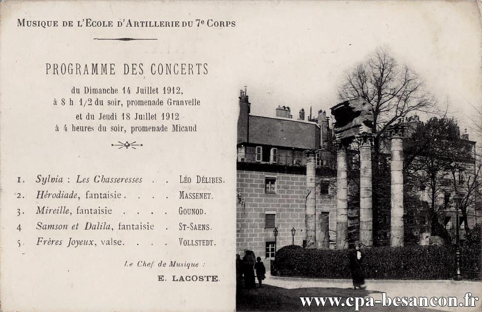 Musique de l'Ecole d'Artillerie du 7e Corps - Programme des Concerts du Dimanche 14 Juillet 1912 à 8 h 1/2 du soir, promenade Granvelle et du Jeudi 18 Juillet 1912 à 4 heures du soir, promenade Micaud